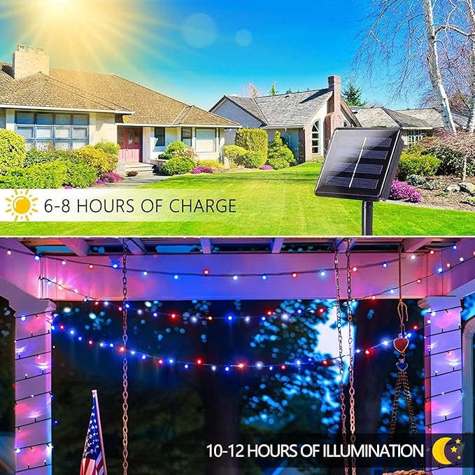 2 Pack 480 LED Solar String Lights for Outside, 170 FT Solar Powered Outdoor Waterproof Twinkle Lights, Solar Tree Light for 4th of July Indenpance Day USA 250th Anniversary Decor (Red White and Blue)