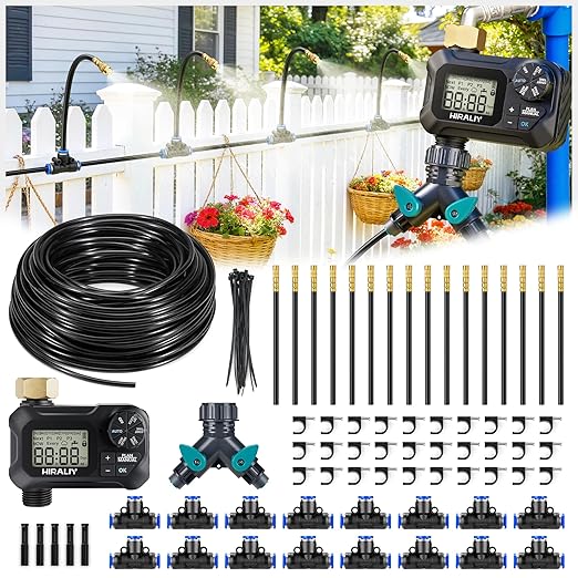 HIRALIY 360° Adjustable Drip Irrigation System 100FT with Timer, 1/4" Tubing and Adjustable Copper Nozzles, Automatic Atomizing Watering Kit for Garden, Yard, Lawn, Greenhouse & Potted Plants