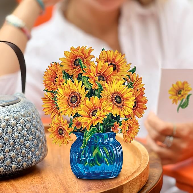 Freshcut Paper Pop Up Cards, Mini Sunflowers, 6 Inch Mini Sized Forever Flower Bouquet 3D Popup Greeting Cards, Birthday Cards, Get Well Gifts, Blank Notecard & Envelope
