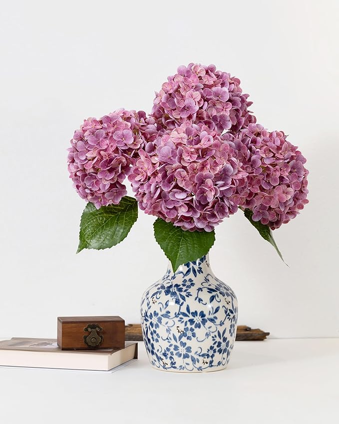 DuHouse 3Pcs Large Hydrangea Artificial Flowers,20 inch Latex Real Touch Hydrangeas with Long Stems & Leaves for Home Decor Party Floral Arrangements Wedding Bouquets Centerpieces(Rose Red)