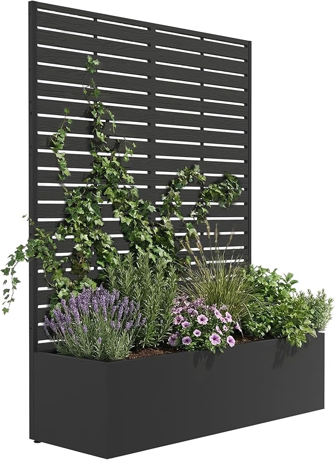 Metal Raised Garden Bed with HDPE Trellis, 45"x16"x59" Planter Box for Vegetables & Climbing Plants, Outdoor HDPE Privacy Screen Planter with Drainage Holes for Patio, Backyard, Garden