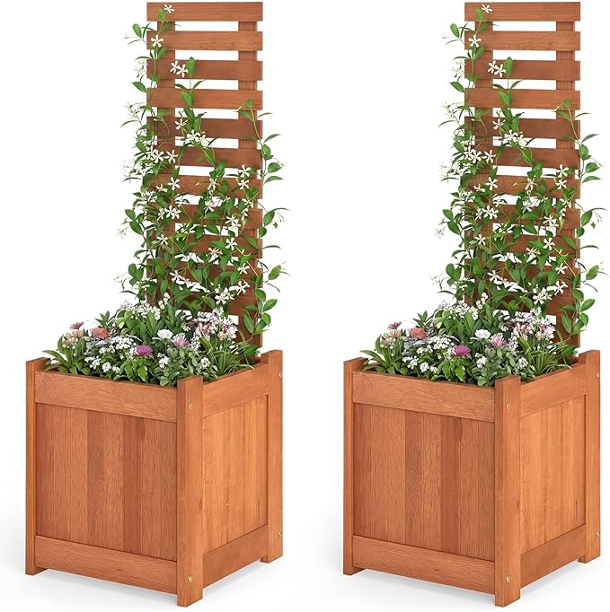 HAPPYGRILL Raised Garden Bed with Trellis, Outdoor Elevated Planter Box w/Trellis, Open-Ended, for Climbing Plant Vine Flower Vegetable, Freestanding Privacy Planters for Patio Yard, 16"x16"x48" (2)