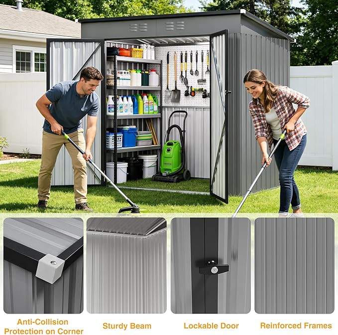 6 x 4 FT Storage Shed, Metal Sheds & Outdoor Storage with Sloping Roof and Lockable Door, Outdoor Shed for Backyard Garden Patio and Lawn,Grey