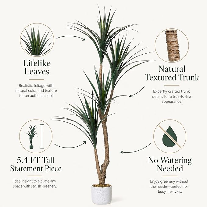 5.4FT Artificial Dracaena Tree in Pot, Evergreen Artificial Dracaena Marginata Plants Indoor, Decorative Potted Floor Plant for Living Room Porch Office Decor