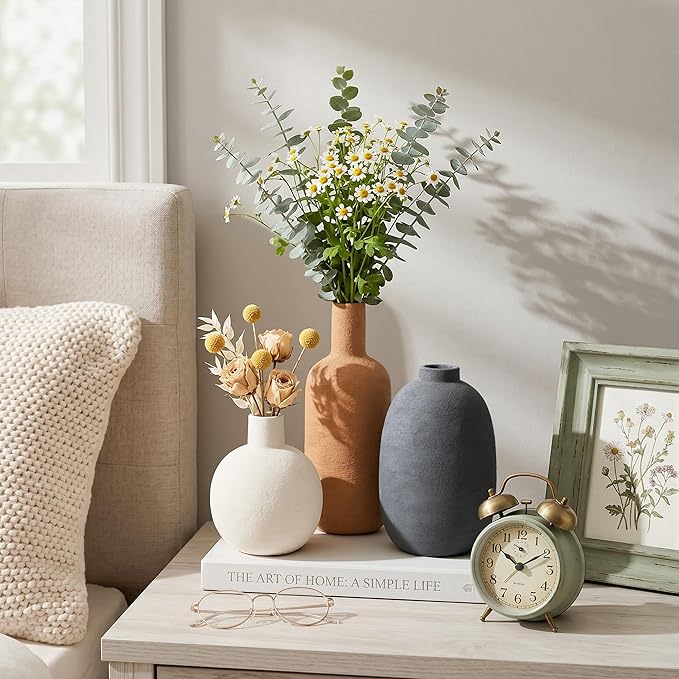 Ceramic Vase Set, Rustic Distressed Large Flower Vases in Pottery Decor, Modern Boho Farmhouse Decor for Pampa Grass, Dried & Fresh Flower, Decorative Vase for Living Room, Kitchen, Entryway, Rust Red