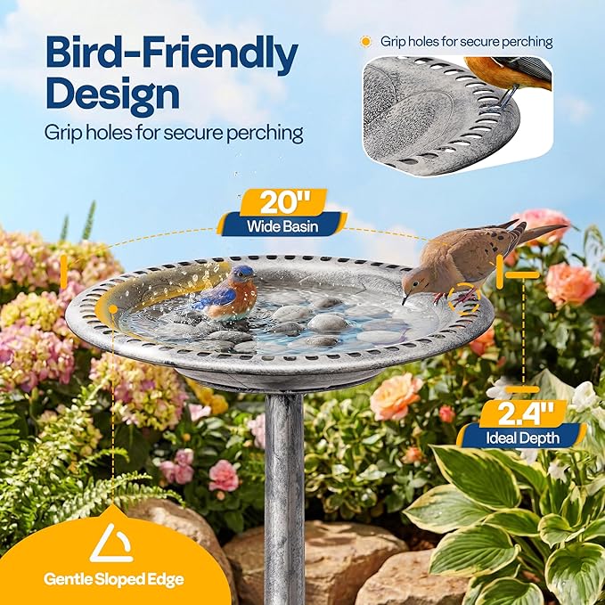 VIVOHOME Bird Bath for Outside, Polyresin Pedestal Bird Baths for Outdoor, Garden, 28 Inch Height Weather-Resistant Birdbaths with 20" Bowl, Gray