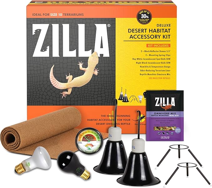 Zilla Desert Habitat Accessory Kit, Starter Kit for Reptiles, Easy Start for Desert-Dwelling Reptiles, Includes Lighting, Bedding and Food, Ideal for Size 10G Terrariums