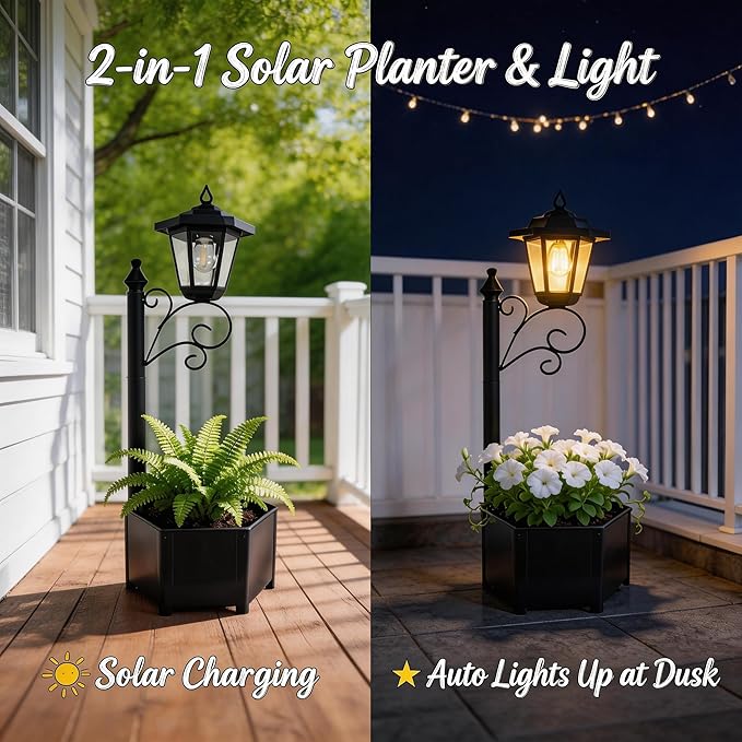 Solar Floor Lamps with Planter (2-in-1 Design), 29.5" Outdoor Solar Lamp Post - IP44 Waterproof, Warm Yellow Lights Dusk to Dawn 6-8Hr, Easy Install for Lawn, Patio, Porch, Yard & Pathway Decor