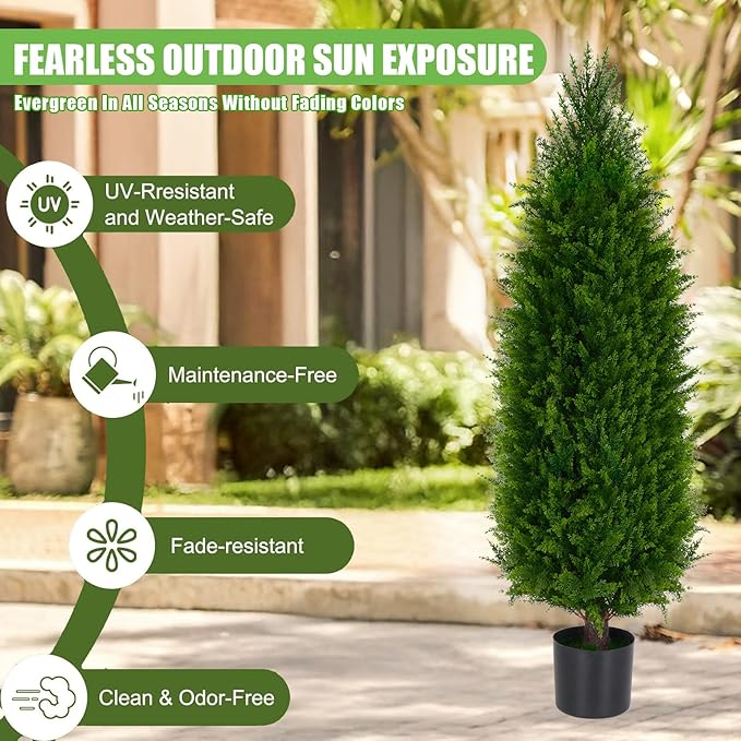 4FT Artificial Cedar Pine Tree UV Resistant Faux Evergreen Tree for Indoor Outdoor Front Porch Entryway Patio Decor Maintenance-Free Fake Greenery