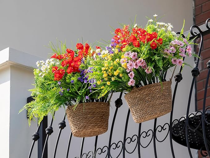 Green Moon 23 Bundles Artificial Plants Outdoor with Colorful Flower, Greenery Shrubs Realistic UV Resistant for Outside Home Planter Porch Patio Yard Decor