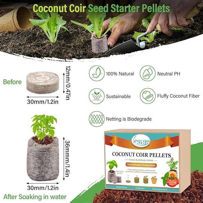 Legigo 100 PCS 30mm Coco Coir Pellets Seed Starter Pods, Compressed Seed Starting Coconut Coir Pellets Soil Plugs for Seedlings, Seeds Plant Starter Pods for Garden Planting Herbs Flowers Vegetables