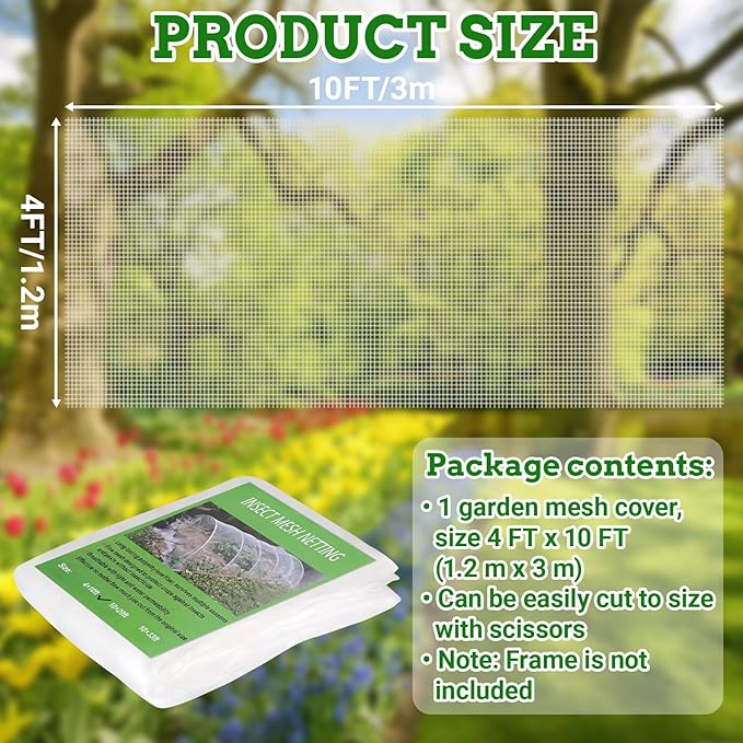Ultra Fine 4'x10' Garden Netting,Pest Barrier & Bird Netting, Plant Mesh Net Row Cover for Garden,Greenhouse,Patio,Raised Beds, Protecting Vegetables, Flowers, Trees
