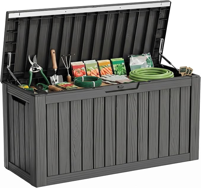 86 Gallon Deck Box, Lockable Waterproof Outdoor Storage Boxes For Garden Tools,Indoor Cushions,Accessories Outside Storage Resin Weatherproof Container(Black)