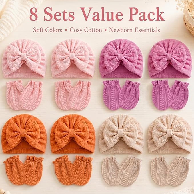 8 Sets Newborn Baby Girl Hats & Mittens, Cotton Preemie Hospital Bow Cap, No Scratch Gloves,Infant Beanies 0-3 Months