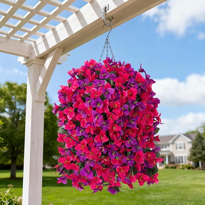 Artificial Fake Hanging Flowers with Basket for Outdoors Decoration, 3PCS Faux Flowers for Outdoor Planters UV Resistant No Fade Silk Bougainvillea for Home Porch Patio Garden Balcony Yard Decor