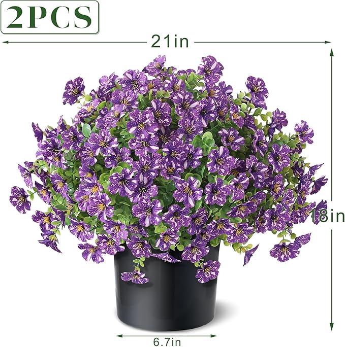 Artificial Morning Glory & Eucalyptus Topiary Trees - Set of 2 Faux Silk Flower Potted Plants, UV-Resistant Fake Outdoor Morning Glory Bushes for Front Door, Yard, Farmhouse, Garden Decor (Purple)