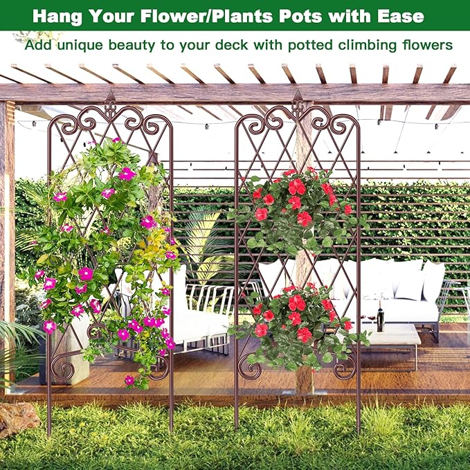 AMAGABELI GARDEN & HOME 2 Pack 47” x 16” Metal Garden Trellis for Climbing Plants Outdoor Trellis for Climbing Roses Vines Vegetables Metal for Ivy Cucumbers Brown