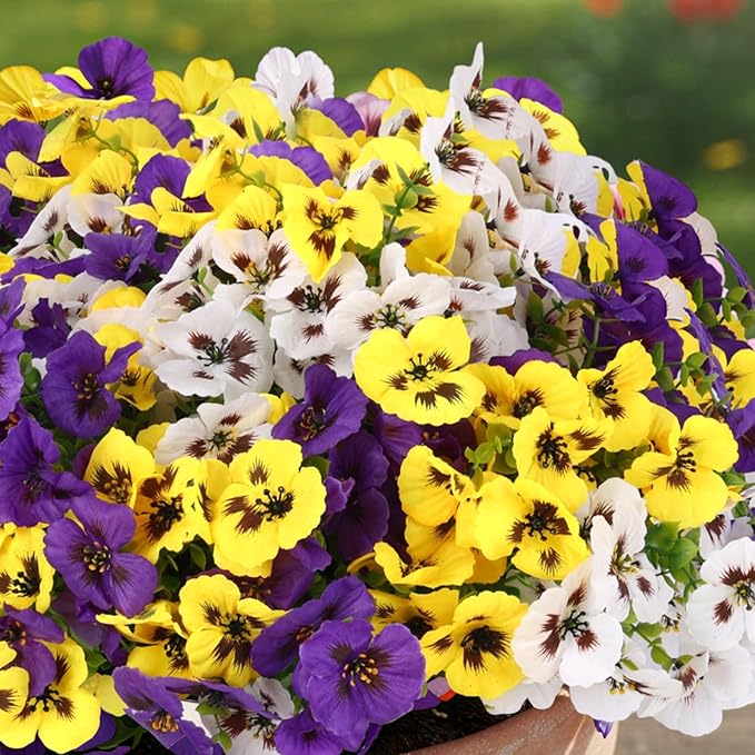 CEWOR 12 Bundles Artificial Flowers for Outdoor Indoor, Fake Silk Pansy with Eucalyptus Leaves, Faux Flower for Garden Front Door Porch Planter Patio Home Decor (Yellow White Purple)