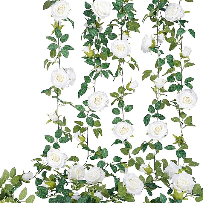 TELDRASSIL 4Pcs(26 FT) Artificial Rose Vine Fake Flower Garland Fake Silk Rose Hanging Vine for Wedding Party Background Arch Garden Background Decoration (White)