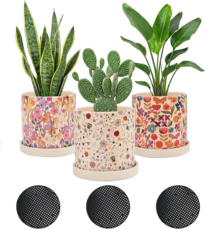 3Pcs Floral Ceramic Planters with Drainage Holes & Saucers, Modern Indoor/Outdoor Pots for Succulent, Cactus, Snake Plant, Home & Garden Decor