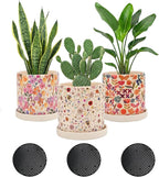 3Pcs Floral Ceramic Planters with Drainage Holes & Saucers, Modern Indoor/Outdoor Pots for Succulent, Cactus, Snake Plant, Home & Garden Decor
