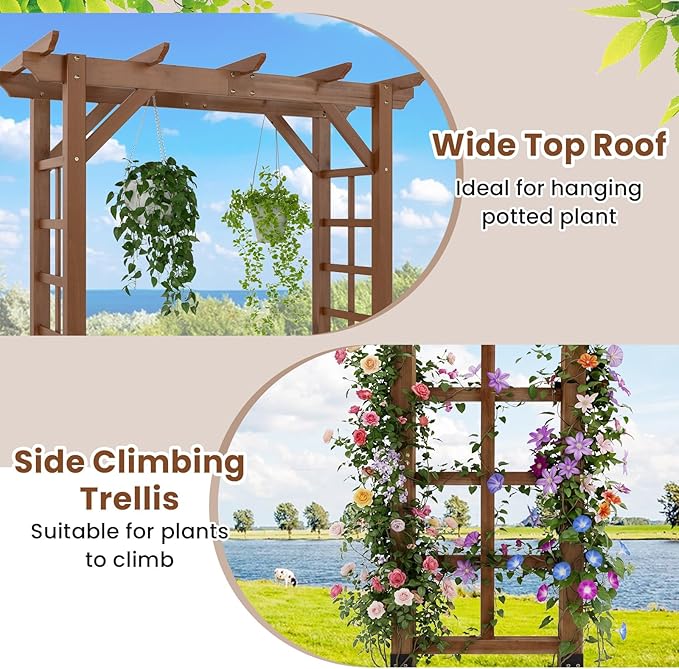 Giantex 7FT Wood Garden Arbor Trellis, Wooden Wedding Arch for Ceremony Party, Outdoor Archway Pergola for Climbing Plants, Pathway, Yard, Garden Decor, Easy Assembly (Dark Brown, 55''W x 85''H)