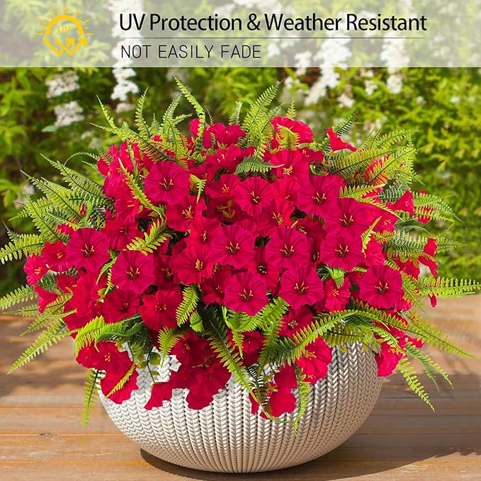 Artificial Flowers for Outdoors 12 Bundles Artificial Petunias Fake Flowers UV Resistant Shrubs Plants with Fern for Indoor Outside Hanging Planters Home Garden Summer Decorations(Rose Red)