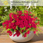Artificial Flowers for Outdoors 12 Bundles Artificial Petunias Fake Flowers UV Resistant Shrubs Plants with Fern for Indoor Outside Hanging Planters Home Garden Summer Decorations(Rose Red)
