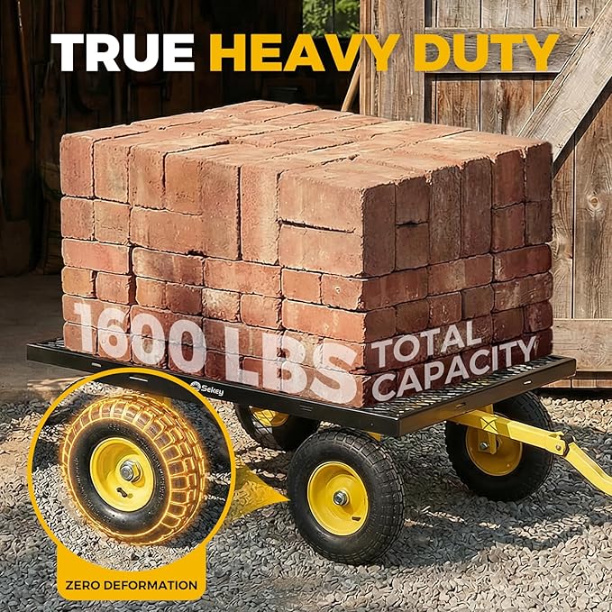 Sekey 1600 lbs Heavy Duty Steel Garden Cart for Farm & Construction, 12 Cu.Ft. Extra-Large Utility Wagon with Removable Sides, 2-in-1 Towable Handle, 13" Rubber Tires, Black