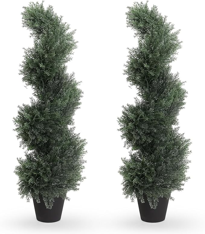 THE BLOOM TIMES 3ft Spiral Artificial Topiary Trees Set of 2, 36 inch Faux Cedar Trees for Outdoor Planters - Fake Twist Cypress Plants for Garden Front Porch Indoor Outside Decor 3 Foot