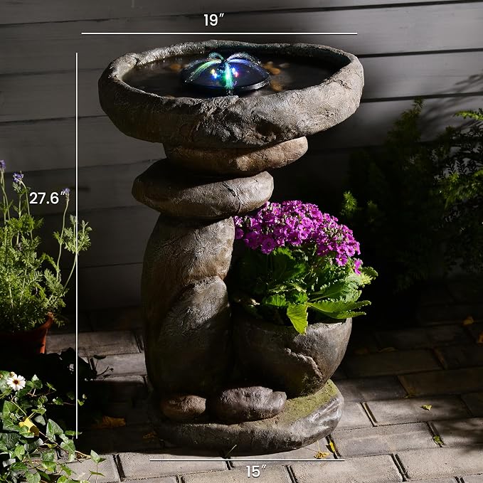 Solar Fountain for Bird Bath, Water Fountain Outdoor with Planter, Freestanding Rock Solar Waterfall with LED Lights for Garden, Patio, Yard