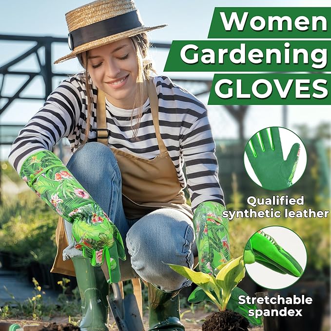 HANDLANDY Women Gardening Gloves, Scratch Resistant Breathable Ladies Rose Pruning Long Gauntlet Floral Print Garden Yard Gloves, Gift for Gardeners (Grass Green, L)