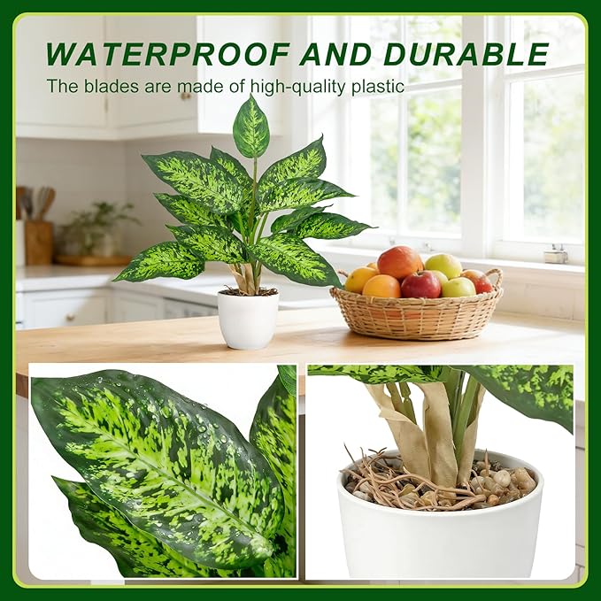 2 Pack Artificial Potted Plants, 16" Fake Plants Indoor in White Pots for Home Bathroom, Office Desk, Shelf - Realistic Faux Greenery Desk Plants for Living Room, Kitchen, Farmhouse Decor