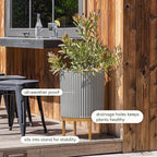 Veradek Demi Series Round Planter w/Stand for Porch/Patio | Durable Plastic-Stone Composite & Wooden Stand | Modern Décor for Tall Plants, Flowers