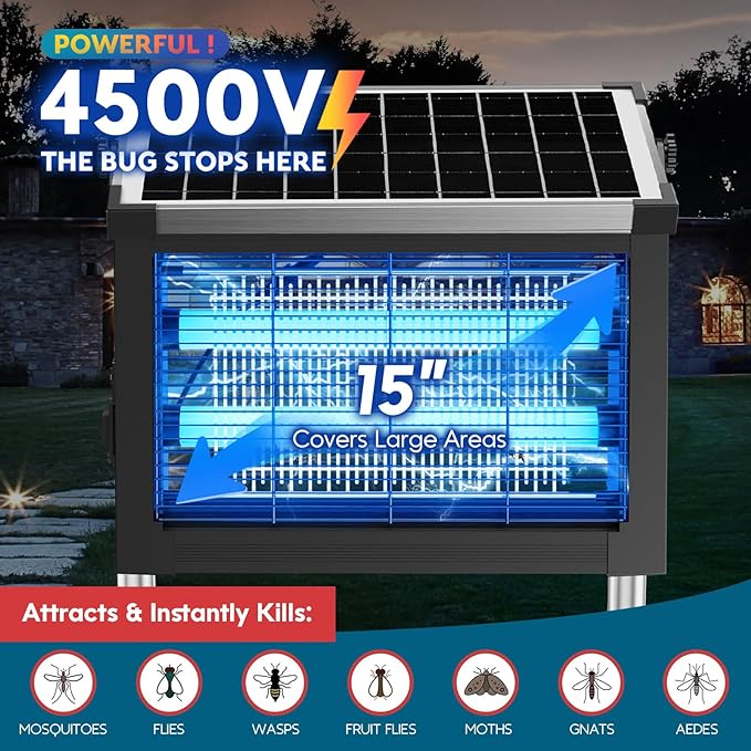 PhatroyYee Solar Bug Zapper Outdoor Indoor, 4000mAh Rechargeable Portable Fly Zapper, 4500V Electric Mosquito Killer with Panel Sensor & 10FT Extension Cord, Waterproof for Patio Camping Home Backyard