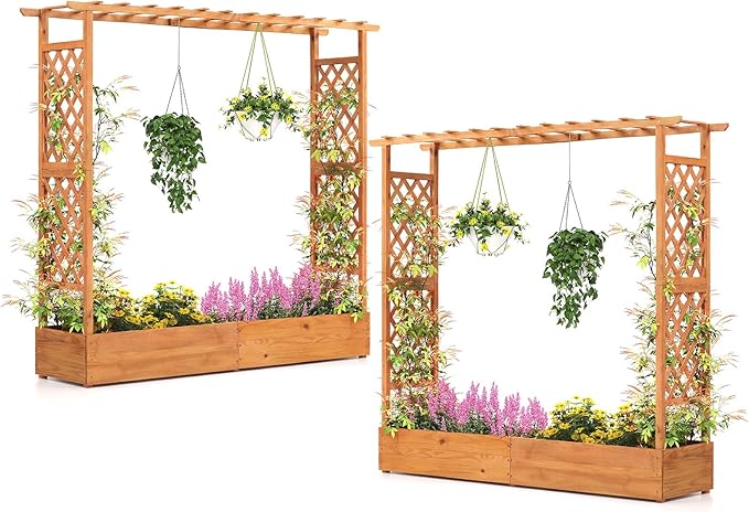 Giantex Set of 2 Raised Garden Bed with Trellis & Hanging Roof, Wood Planter Box with Bottom and Drainage Holes, Freestanding Garden Planter for Flower Vegetable Fruit Herb Climbing Vines, 77"x17"x70"