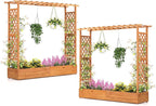 Giantex Set of 2 Raised Garden Bed with Trellis & Hanging Roof, Wood Planter Box with Bottom and Drainage Holes, Freestanding Garden Planter for Flower Vegetable Fruit Herb Climbing Vines, 77"x17"x70"