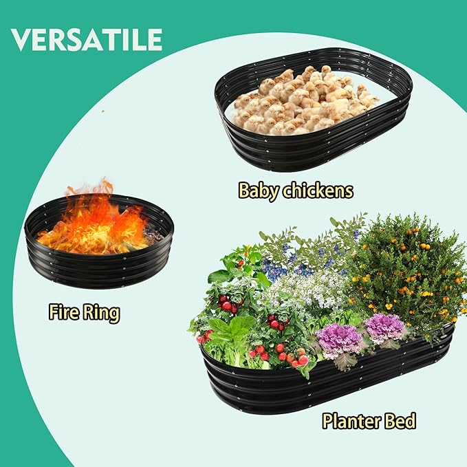 YSEJOMP 6X3X1 FT Oval Galvanized Metal Garden Raised Bed/Plant Box for Planting,36 Inches Diameter Iron Fire Pit Ring,Small Animal Fence-3 in 1 Modular Design in Black (Black, 72X36X11.5 Inches)