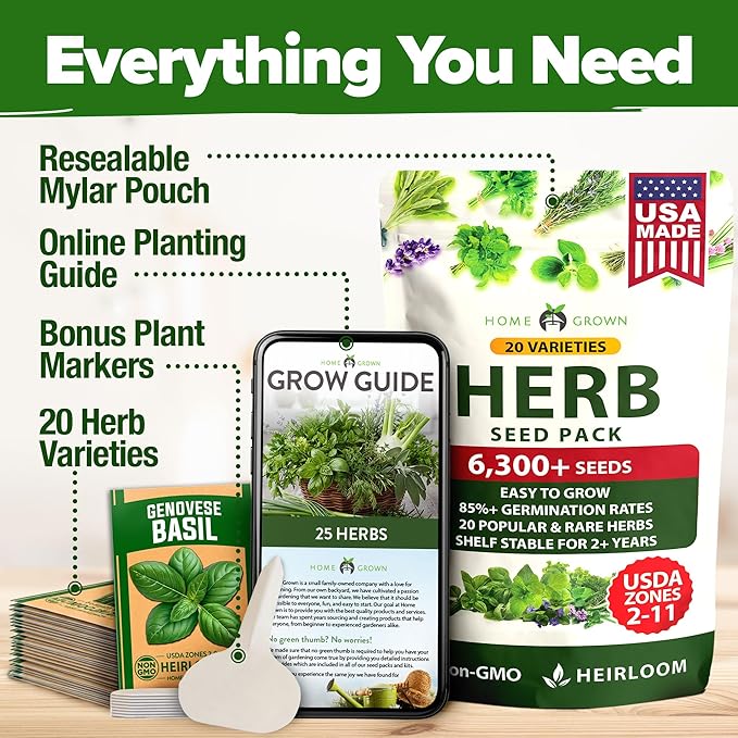 HOME GROWN Premium Herb Seeds Variety Pack - 20 Heirloom Herb Seeds for Planting - 6,000+ Non-GMO Seeds with Plant Markers - Indoor Outdoor Hydroponic Herb Garden - Culinary & Medicinal Herbs