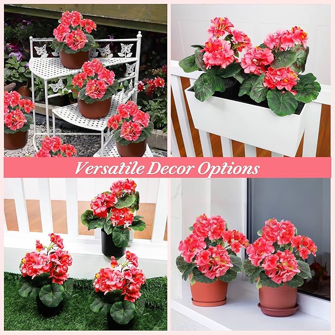 2 Pack Artificial Geranium Fake Flowers for Outdoors Spring Summer Decor, Silk Geraniums Flowers UV Resistant Faux Flower Potted Plants for Gardens Farmhouse Indoor Home Table Decor (Rose Red)
