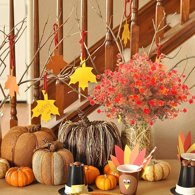 Grunyia Artificial Fall Flowers, Fake Outdoor UV Resistant Autumn Plants for Home Kitchen Christmas Festival Thanksgiving Autumns Decoration(Fall Orange)