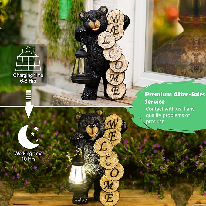 Qeeman Solar Bear Garden Statue: Weatherproof Resin Figurine with Warm Glow Lantern - Outdoor Decor for Yard Pathway Patio Porch Balcony - Gifts for Mom Grandma Bear Lovers