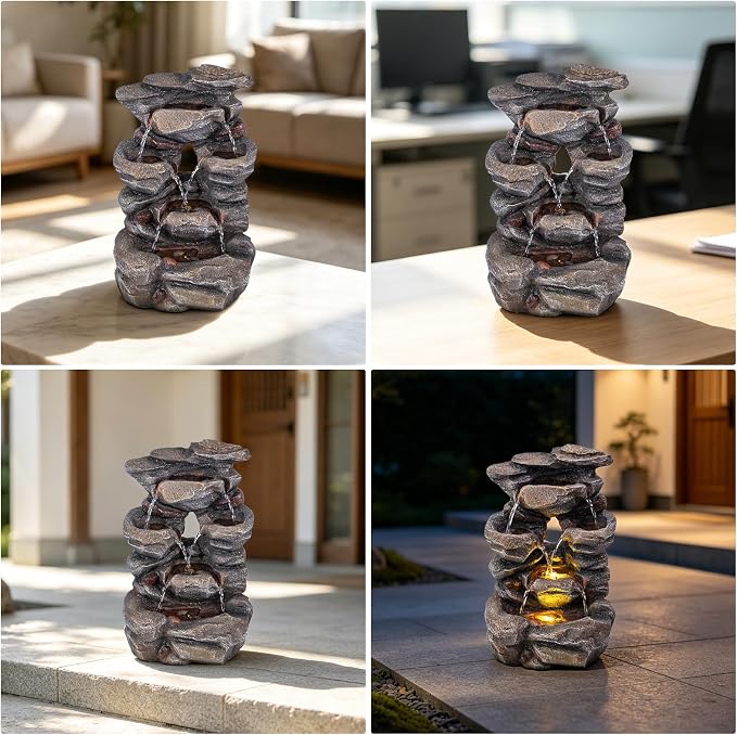 Solarbloom 18.9" H Water Fountain Outdoor/Indoor, 4-Tier Spiral Cascading Stacked Garden Fountain with LED Lights, Resin Waterfall Feature for Patio, Garden, Backyard, Deck, Home Decor