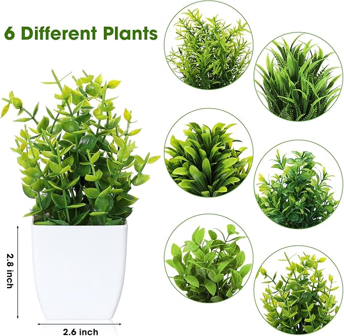 Unittype 12 Pcs Fake Plants Small Artificial Faux Plants for Shelf Mini Plastic Potted Greenery for Home Office Desk Bathroom Bedroom Indoor Decor(White Pot,Green)