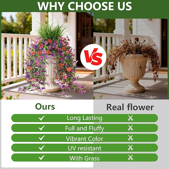 Artificial Hanging Flowers with Wheat Grass for Outdoors, 5 Pcs Fake Hanging Plants for Spring Decor, UV Resistant Faux Silk Flower Greenry for Planter Porch Patio Yard Garden(Mixd Purple Red)