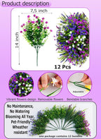 Artificial Flowers for Outdoors Fake Plants - 12 Bundles Faux Outside Greenery Boxwood No Fade Plastic Shrubs Home Decor Farmhouse Garden (Mixed, 3 Colors Magenta Purple White)