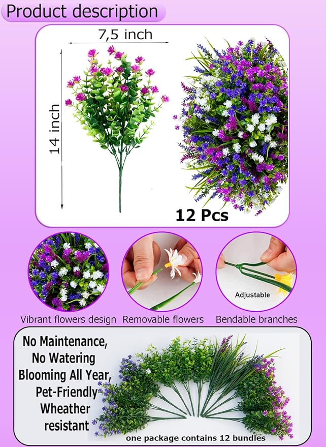 Artificial Flowers for Outdoors Fake Plants - 12 Bundles Faux Outside Greenery Boxwood No Fade Plastic Shrubs Home Decor Farmhouse Garden (Mixed, 3 Colors Magenta Purple White)