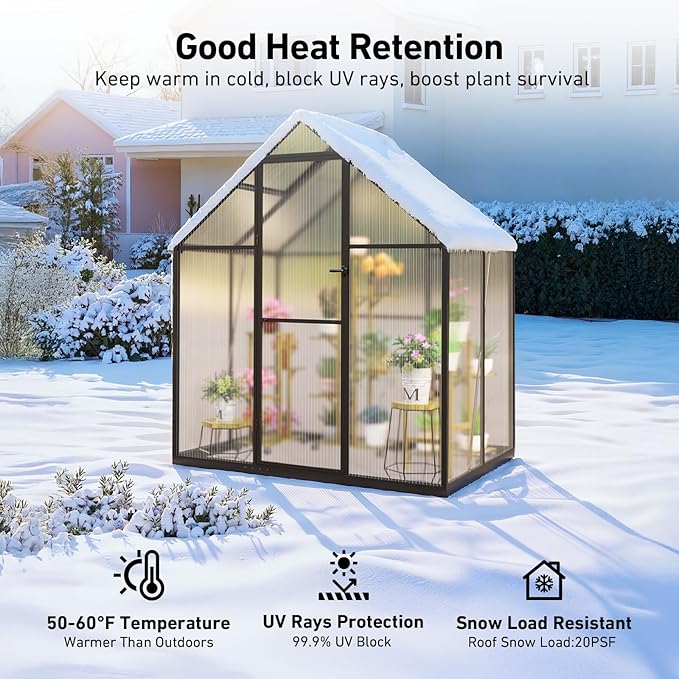6x4FT Small Greenhouse with Hygrometer, Plant Gardening Green Houses for Outside Heavy Duty with Aluminum Frame, Quick Setup Polycarbonate Greenhouse with Lockable Door & Vented Roof Window