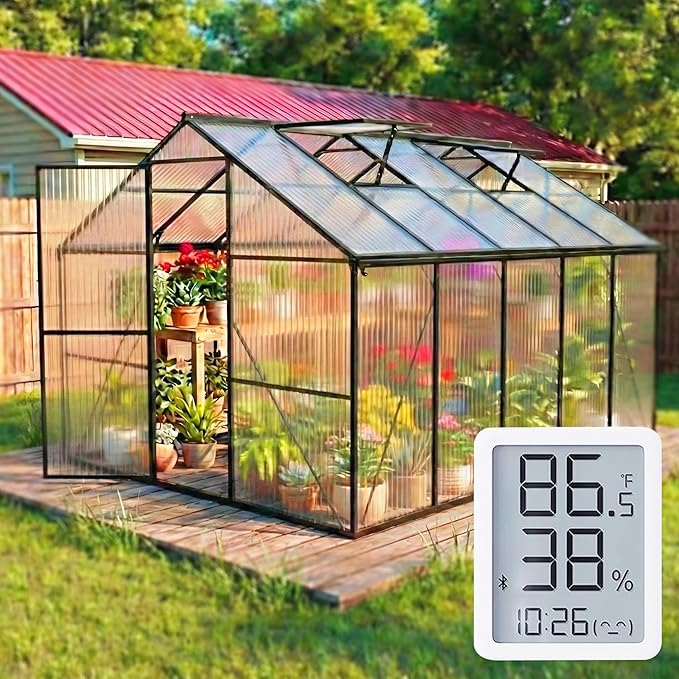 8X10 FT Outdoor Greenhouse with Hygrometer, Polycarbonate Walk-in Green House for Outside, Reinforced Aluminum Frame Greenhouses, Heavy Duty Garden, Patio, Backyard Flower Planting