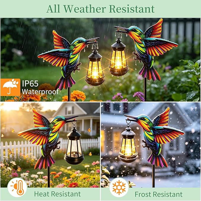 2 Pack Solar Lights Outdoor Waterproof Hummingbird Decorative, 31in Metal Hummingbird Garden Stakes with Solar Lanterns for Yard Art Outside Patio Porch Lawn, Gifts for Women Mom Grandma Mother's Day